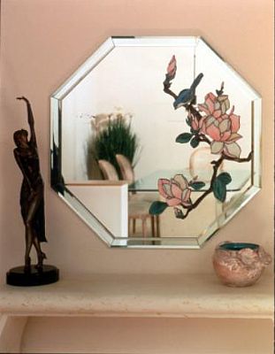 Residential And Commercial Stained Gl Linda Abbott Studio This Is A Detail Of Stained Gl Mirror With Bird And Flower Overlay Beveled Frame